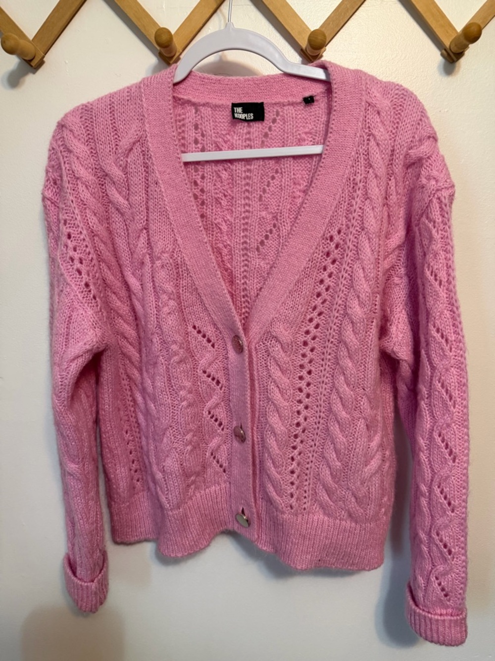 The Kooples V Neck Cable Weave Knitted Cardigan, Size: FR 3/US 8,‎ Color Pink